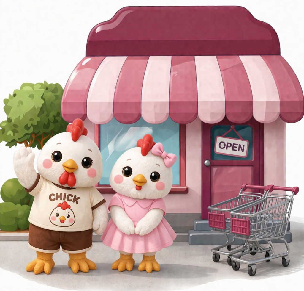 friendly chicken duo at pastel shop