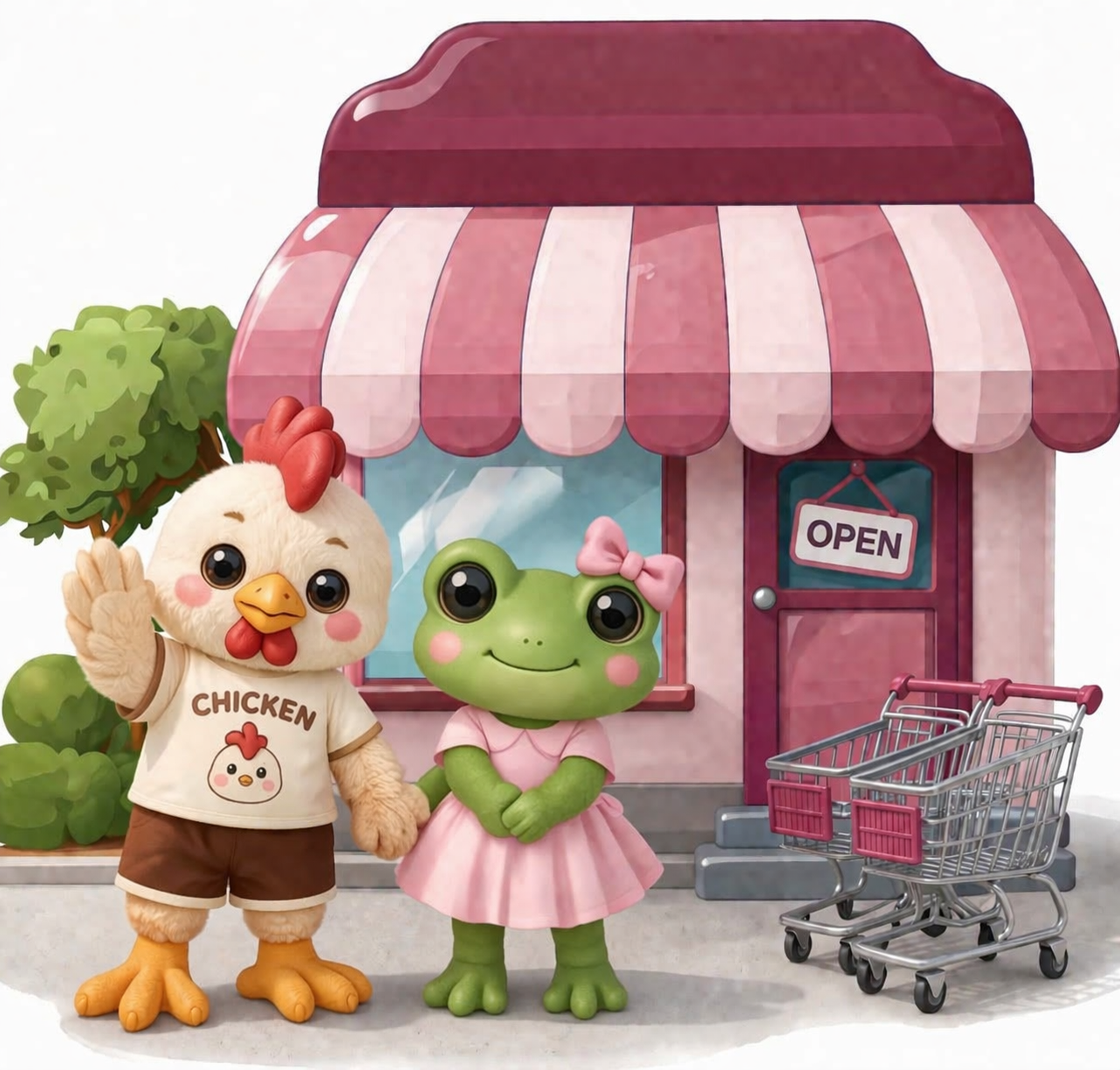 friendly storefront with cute characters